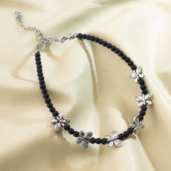 Silver Rodium Polish Black and Grey color Anklet in Brass studded with Beads
