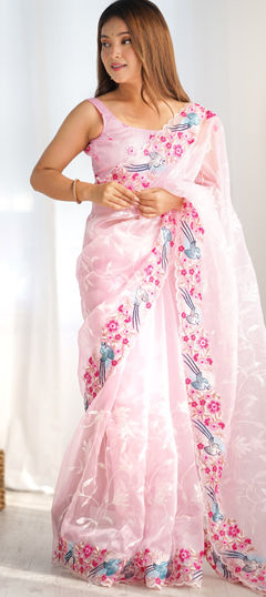 Pink and Majenta color Saree in Organza Silk fabric with Embroidered, Sequence, Thread work