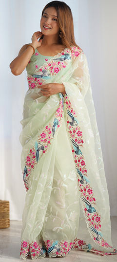 Green color Saree in Organza Silk fabric with Embroidered, Sequence, Thread work