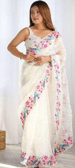 White and Off White color Saree in Organza Silk fabric with Embroidered, Sequence, Thread work