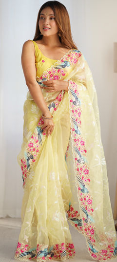 Yellow color Saree in Organza Silk fabric with Embroidered, Sequence, Thread work