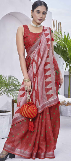 Casual, Summer, Traditional Red and Maroon color Saree in Linen fabric with Bengali Digital Print work : 1971627