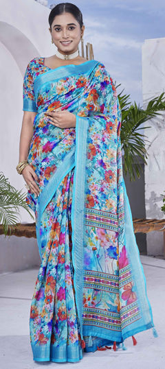 Blue color Saree in Linen fabric with Digital Print, Floral work