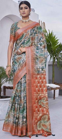 Multicolor color Saree in Linen fabric with Digital Print work