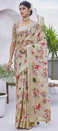 Beige and Brown color Saree in Linen fabric with Digital Print, Floral work