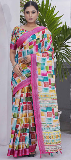 Casual, Summer, Traditional Multicolor color Saree in Linen fabric with Bengali Digital Print work : 1971631