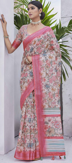 Multicolor color Saree in Linen fabric with Digital Print, Floral work