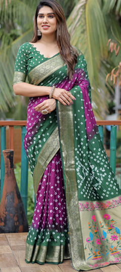 Green color Saree in Art Silk fabric with Bandhej, Printed, Weaving work