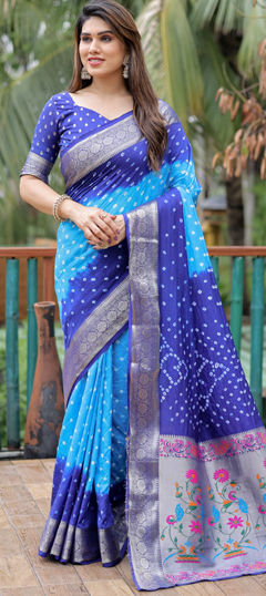 Blue color Saree in Art Silk fabric with Bandhej, Printed, Weaving work