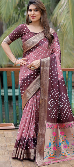 Beige and Brown color Saree in Art Silk fabric with Bandhej, Printed, Weaving work