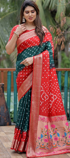 Red and Maroon color Saree in Art Silk fabric with Bandhej, Printed, Weaving work