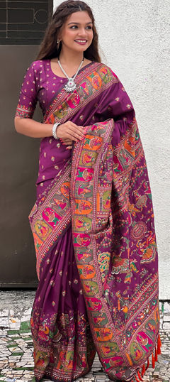 Bridal, Traditional, Wedding Purple and Violet color Saree in Pashmina fabric with South Printed work : 1971644