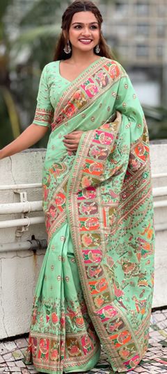 Bridal, Traditional, Wedding Green color Saree in Pashmina fabric with South Printed work : 1971646