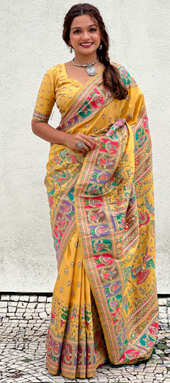 Bridal, Traditional, Wedding Yellow color Saree in Pashmina fabric with South Printed work : 1971647