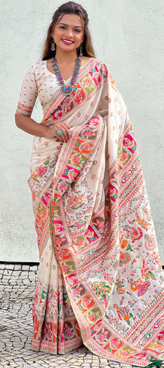 Bridal, Traditional, Wedding White and Off White color Saree in Pashmina fabric with South Printed work : 1971648