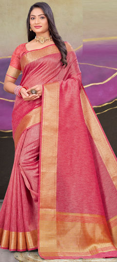 Pink and Majenta color Saree in Cotton fabric with Weaving work