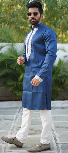 Blue color Kurta Pyjamas in Art Silk fabric with Embroidered, Resham, Thread work