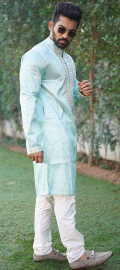 Blue color Kurta Pyjamas in Art Silk fabric with Embroidered, Resham, Thread work