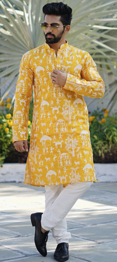 Yellow color Kurta Pyjamas in Art Silk fabric with Embroidered, Thread work