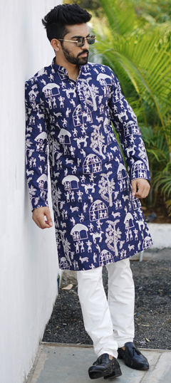 Blue color Kurta Pyjamas in Art Silk fabric with Embroidered, Thread work