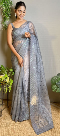 Traditional, Wedding Black and Grey color Saree in Silk fabric with South Embroidered, Sequence work : 1971710