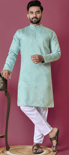 Blue color Kurta Pyjamas in Art Silk fabric with Embroidered, Thread work