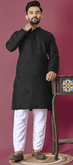 Black and Grey color Kurta Pyjamas in Art Silk fabric with Embroidered, Thread work