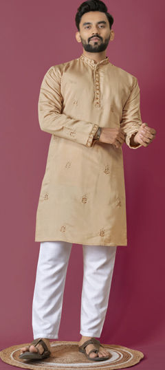 Beige and Brown color Kurta Pyjamas in Art Silk fabric with Embroidered, Thread work