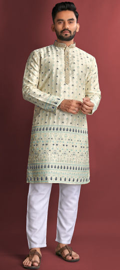 White and Off White color Kurta Pyjamas in Jacquard fabric with Weaving work