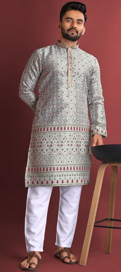 Black and Grey color Kurta Pyjamas in Jacquard fabric with Weaving work