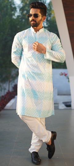 Blue, White and Off White color Kurta Pyjamas in Cotton fabric with Embroidered, Printed work