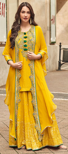 Engagement, Wedding Yellow color Salwar Kameez in Silk fabric with Sharara, Straight Embroidered, Sequence, Thread work : 1971744