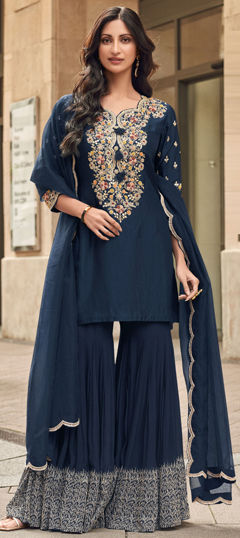 Engagement, Wedding Blue color Salwar Kameez in Silk fabric with Sharara, Straight Embroidered, Sequence, Thread work : 1971745