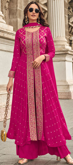 Engagement, Festive, Mehendi Sangeet Pink and Majenta color Salwar Kameez in Jacquard fabric with Anarkali, Palazzo Bugle Beads, Embroidered, Sequence, Thread work : 1971747