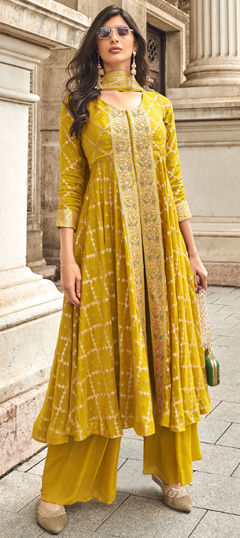 Engagement, Festive, Mehendi Sangeet Yellow color Salwar Kameez in Jacquard fabric with Anarkali, Palazzo Bugle Beads, Embroidered, Sequence, Thread work : 1971748