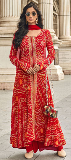 Engagement, Festive, Mehendi Sangeet Red and Maroon color Salwar Kameez in Georgette fabric with Anarkali, Palazzo Bandhej, Bugle Beads, Embroidered, Sequence, Thread work : 1971749