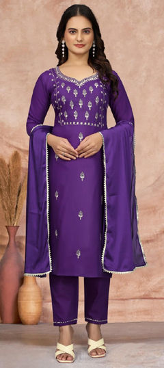 Purple and Violet color Salwar Kameez in Blended Cotton fabric with Thread work