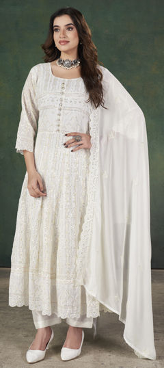 White and Off White color Salwar Kameez in Georgette fabric with Embroidered, Sequence, Thread work