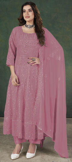 Pink and Majenta color Salwar Kameez in Georgette fabric with Embroidered, Sequence, Thread work