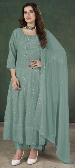 Blue color Salwar Kameez in Georgette fabric with Embroidered, Sequence, Thread work