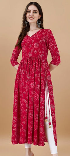 Casual, Summer Pink and Majenta color Kurti in Rayon fabric with Long Sleeve, Slits Printed work : 1971778