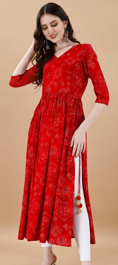 Casual, Summer Red and Maroon color Kurti in Rayon fabric with Long Sleeve, Slits Printed work : 1971779