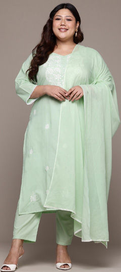 Green color Salwar Kameez in Cotton fabric with Embroidered, Resham, Thread work