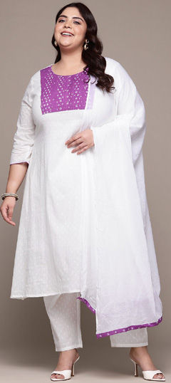 Purple and Violet, White and Off White color Salwar Kameez in Cotton fabric with Printed, Thread work