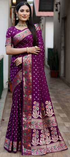 Festive, Reception, Traditional Purple and Violet color Saree in Silk fabric with Classic, Rajasthani Bandhej, Printed, Weaving work : 1971817