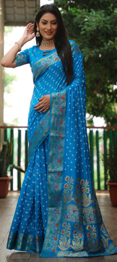 Blue color Saree in Silk fabric with Bandhej, Printed, Weaving work