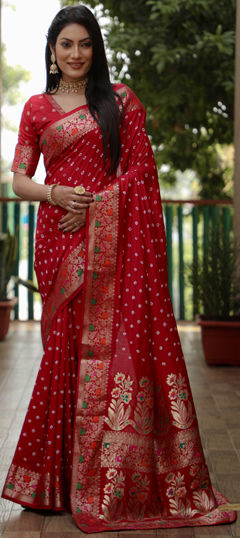 Red and Maroon color Saree in Silk fabric with Bandhej, Printed, Weaving work