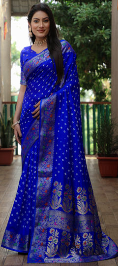 Festive, Reception, Traditional Blue color Saree in Silk fabric with Classic, Rajasthani Bandhej, Printed, Weaving work : 1971821