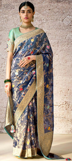 Bridal, Wedding Blue color Saree in Brasso fabric with Classic Embroidered, Resham, Stone, Weaving, Zari work : 1971830