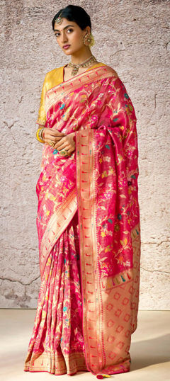 Bridal, Wedding Pink and Majenta color Saree in Brasso fabric with Classic Embroidered, Resham, Stone, Weaving, Zari work : 1971831